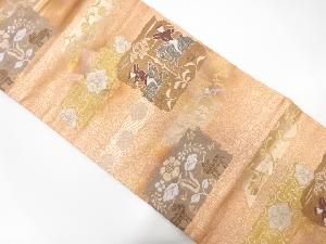 狩猟に動物・花更紗模様織出し名古屋帯